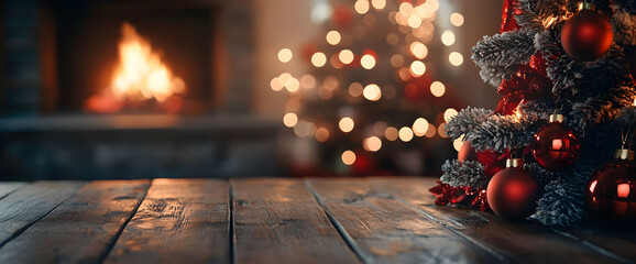 A Christmas tree adorned with red ornaments and gifts sits on a wooden table, with a blurred fireplace in the background and a room beautifully decorated for the holiday season.