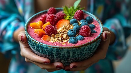 Wall Mural - Woman holding a smoothie bowl with granola and fresh fruit, highlighting vibrant, nutrient-dense foods for body nourishment.