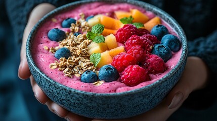 Wall Mural - Nourishing smoothie bowl: woman holding a bowl topped with granola and colorful fruits, showcasing healthy, vibrant foods.