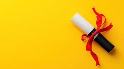 Graduation Diploma with Red Ribbon on Yellow Background