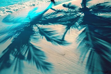 Palm tree shadows on blue water background, palm branch on beach pattern, ocean wave sunlight palm shadow