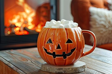 Cozy autumn evening with a pumpkin-shaped mug filled with hot chocolate and marshmallows