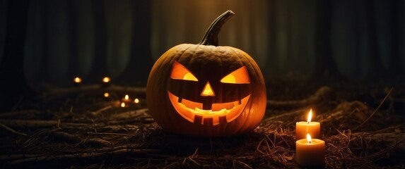 Wall Mural - A Carved Jack-o'-Lantern with Glowing Eyes and a Smile in a Dark Forest Setting with Two Candles