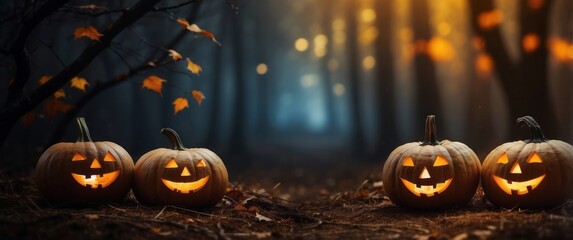 Wall Mural - Illuminated Jack-o'-lanterns in a Foggy Forest