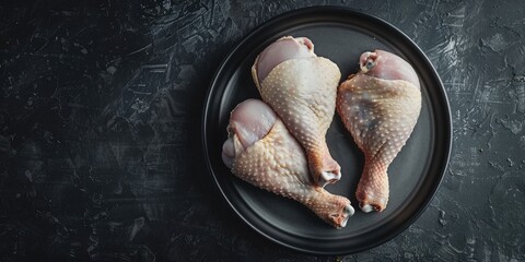 Wall Mural - Excellent image of uncooked chicken drumsticks on a dark dish.