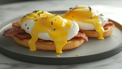 Delicious eggs benedict on a plate with a white marble background.