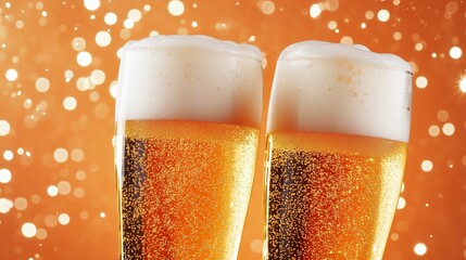 Wall Mural - Beer pints with white foam, bubbles, and sparkles, on terracotta solid color background for Oktoberfest