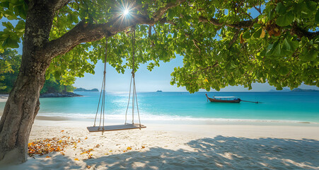 A Beautiful Beach with White Sand, Turquoise Water, and Crystal Clear Waves, Featuring a Serene Coastal Scene with Lush Greenery and a Perfect Sunny Sky, Ideal for Depicting Tropical Paradise, Vacatio