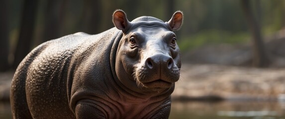 Wall Mural - a close-up portrait of a curious hippopotamus