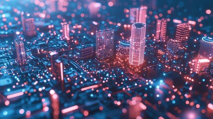 Sticker - Futuristic Cityscape with Neon Lights and Circuitry