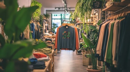 Cozy boutique showcasing stylish clothing and vibrant plants in a welcoming atmosphere for shoppers.