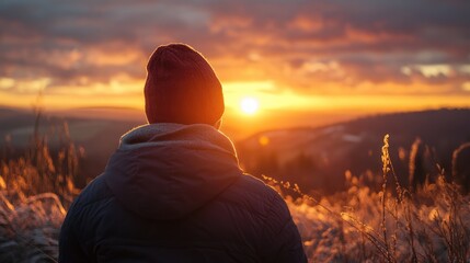 Sticker - Silhouette of a Man Watching Sunset Over Mountains