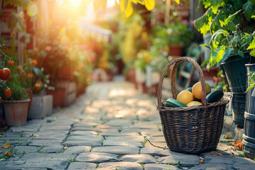 Wall Mural - Basket with fresh vegetables on the street of a Mediterranean city. Harvest Autumn background. 