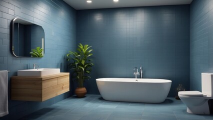 Wall Mural - Modern Bathroom with Blue Tiled Walls and a Freestanding Tub