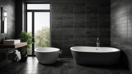 Wall Mural - Modern Bathroom with Black Tile and Freestanding Tub