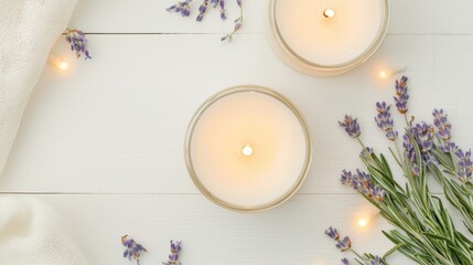 Wall Mural - White Wooden Background with Burning Candles and Lavender Flowers