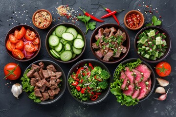 Wall Mural - Spicy Salads Set, Salat Collection with Beef Meat and Vegetables Salats Top View, Restaurant Buffet Menu