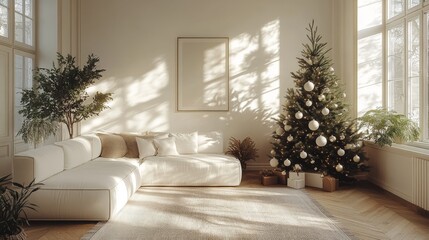 Wall Mural - A modern Scandinavian Christmas living room features white walls and light wooden floors. A minimalist Christmas tree decorated in white and gold is the focal point, which is enhanced by soft natural 