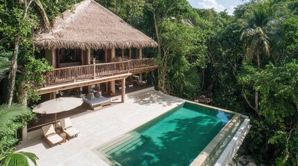 Canvas Print - Tropical Luxury Villa with Infinity Pool and Lush Greenery