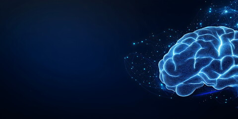 Glowing blue digital brain network on dark background for artificial intelligence and neural network concept designs with copy space