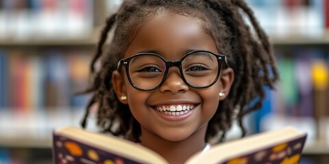 Wall Mural - Black girl, aged 10, smiling, reading a book, wearing glasses in a school library. 