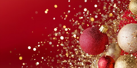 Festive Christmas composition with red and gold baubles surrounded by glittering confetti on deep red background for holiday promotions and elegant party invitations