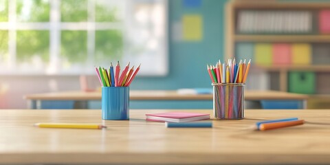 Sticker - School desk with school accessories on a blurred school background