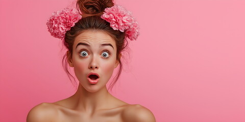 Astonished young woman with floral crown and bare shoulders against pink backdrop. Genuine surprise and natural beauty. Banner with copy space