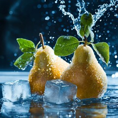 pear fruit with melting ice cubes and water splashes effects . aspect ratio 1:1