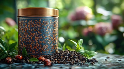 A beautifully designed ornate tea tin filled with loose leaf tea, set in a lush garden environment, capturing the essence of luxury and natural elegance.