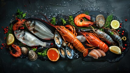 Fresh seafood platter with various shellfish and fish on a dark stone surface garnished with herbs