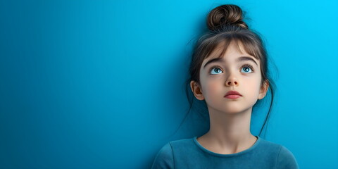 Banner with Curious Little Girl Looking Up on Blue Background. Child Wonder or Imagination Concept. Place for text