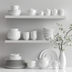 Dishware set in white shelving unit, tableware shelf, kitchen interior, clean white mugs, plates, glass tableware