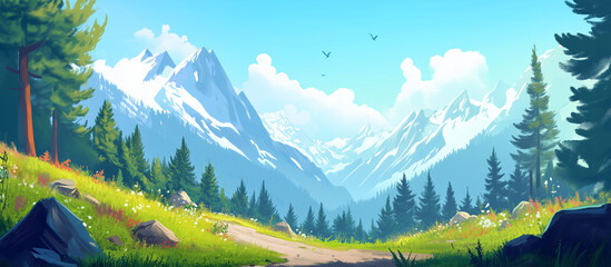 Wall Mural - serene mountain scenery background, with cartoon illustration style, Ai generated Images