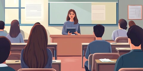 Poster - Classroom scene, woman teacher, university education, students in lecture.