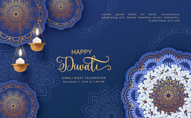 Sticker - Diwali Festival Banner. Diya lamp and Rangoli with flowers