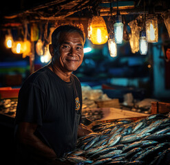 Wall Mural - An elderly man is selling fish at the market, wearing an apron and hat with soft lighting