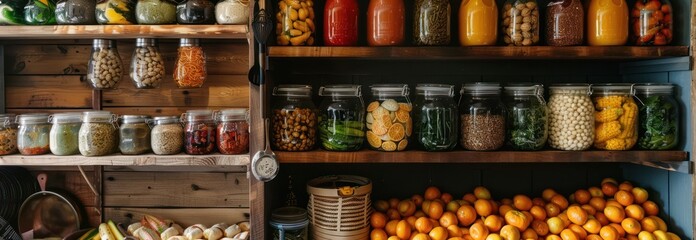 Sticker - A rustic wooden shelf filled with various canned goods and produce, creating a visually appealing and appetizing scene.