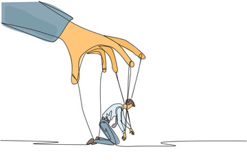 Poster - single continuous line drawing businessman kneeling, entire body bound by ropes controlled by giant 