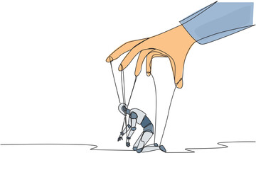 Poster - single continuous line drawing robot kneel, entire body bound by ropes controlled by giant hands. de