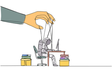 Poster - Single one line drawing astronaut typing on laptop, hand moved by ropes. The situation is out of control. Unable to make a proper expedition report. Cosmic. Continuous line design graphic illustration