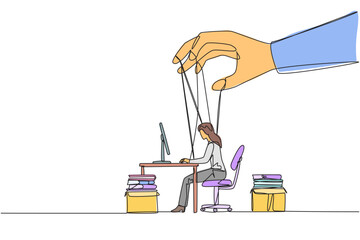 Poster - single one line drawing businesswoman typing on a laptop, hands moved by ropes. has no policies and 