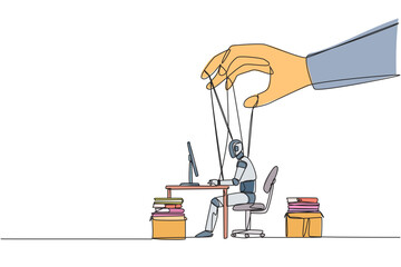 Poster - single continuous line drawing robot typing on a laptop, hand moved by rope controlled by a giant ha