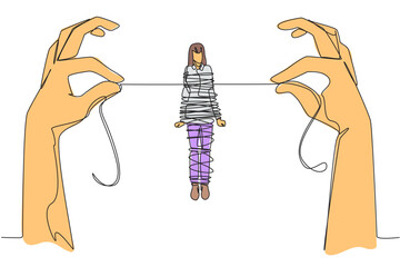 Poster - Single continuous line drawing businesswoman standing and tied by a rope held by 2 giant hands. Can't move anywhere. Trapped in debt. Fraudulent investment. Failed. One line design vector illustration