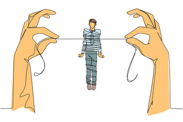 Poster - Single one line drawing businessman standing and tied by a rope held by 2 giant hands. Debt is increasing. No income. Business destroyed. Bankrupt. Failed. Continuous line design graphic illustration