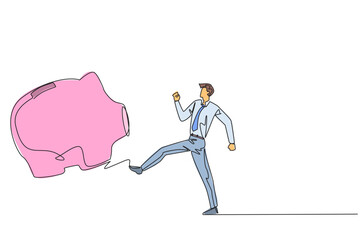 Poster - Continuous one line drawing businessman kicking piggy bank. The opportunity to invest is wasted. There is no concern about a better future by investing. Single line draw design vector illustration