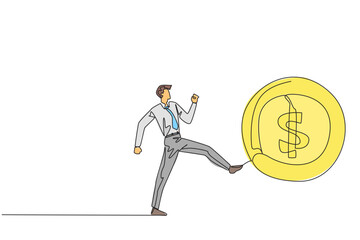 Poster - Single one line drawing businessman kicking a big coin with a dollar symbol. Throwing away an opportunity to get a chance. Indifferent to small profits. Continuous line design graphic illustration