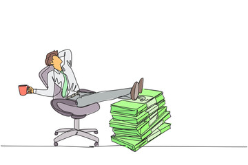 Poster - Single continuous line drawing businessman sitting relaxed in a work chair while holding mug. Foot resting on stacks of banknotes. Get lots of benefits. Profitable. One line design vector illustration