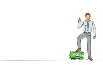 Poster - Single one line drawing businessman stands with thumbs up pose and steps on stack of banknotes with one of foot. Amazing feeling. Always make a profit. Continuous line design graphic illustration