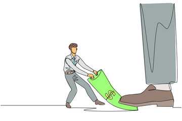 Poster - Single one line drawing businessman pulling banknotes that were stepped on by giant feet. Fighting to defend rights. Legitimate payment. Struggle to seize. Continuous line design graphic illustration